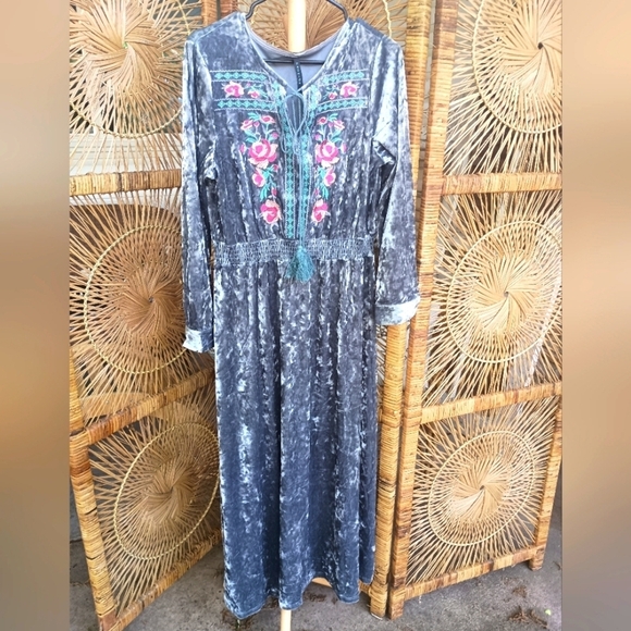 Fashion USA Dresses & Skirts - Fashion USA Velvet Maxi Dress in Gray With Floral Embroidery_large